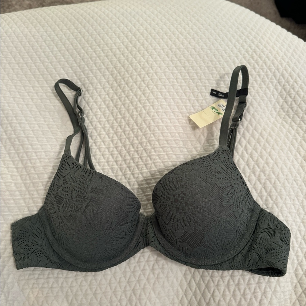 New! 34A demi push up bra aerie lace floral green olive